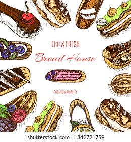 Vector hand drawn illustration eclair. Card menu restaurant profiterole.