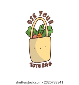 Vector hand drawn illustration of eco bag with vegetables and lettering.