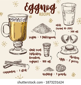 Vector Hand Drawn Illustration Of Eggnog Recipe With List Of Ingredients. Hot Drinks Eggnog Recipe, Ingredients. Winter Hot Drink. Vector Illustration. Christmas Bar Menu.