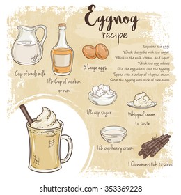 Vector Hand Drawn Illustration Of Eggnog Recipe With List Of Ingredients
