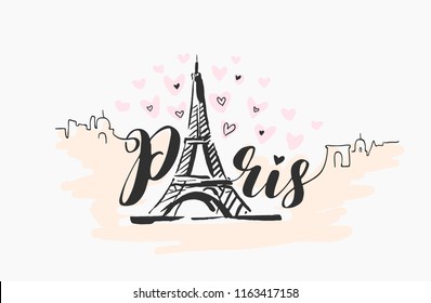 Vector hand drawn illustration with Eiffel tower. Paris. 