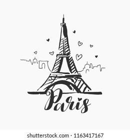 Vector hand drawn illustration with Eiffel tower. Paris. 