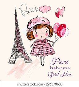 Vector hand drawn illustration with Eiffel tower. Paris. Little girl in Paris
