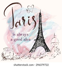 Vector hand drawn illustration with Eiffel tower. Paris.