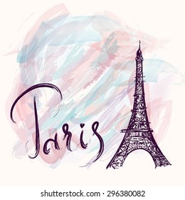Vector hand drawn illustration with Eiffel tower. Paris.