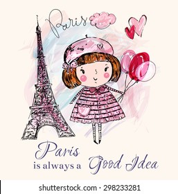 Vector hand drawn illustration with Eiffel tower. Paris. Little girl in Paris