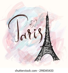 Vector hand drawn illustration with Eiffel tower. Paris.