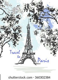 Vector hand drawn illustration with Eiffel tower.Template for design.