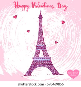 Vector hand drawn illustration of Eiffel Tower, text Happy Valentines Day. French Eiffel Tower, sketch. Linear art in vintage style for design.