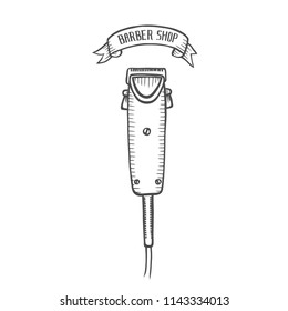 Vector hand drawn illustration of electric hair clipper in vintage engraved style. isolated on white background. Side view.