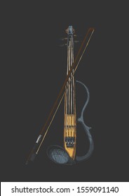 Vector hand drawn illustration of electric violin with bow in vintage engraved style. isolated on black background.