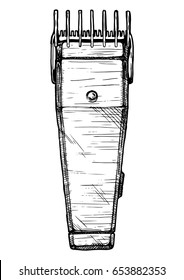 Vector hand drawn illustration of electric hair clipper in vintage engraved style. isolated on white background. Side view.