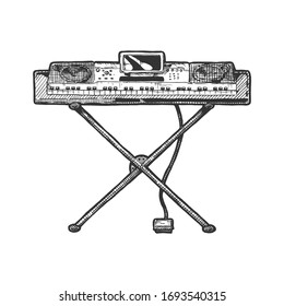 Vector hand drawn illustration of electronic keyboard in vintage engraved style. Isolated on white background. Front view.