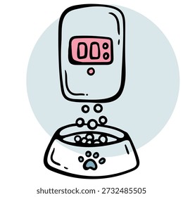 Handgezeichnete Vektorgrafik eines elektronischen Heimtierfutterspenders. Das Gerät verfügt über einen digitalen Bildschirm und kibble in eine Schüssel mit einem Pfotenabdruck. Perfekt für Smart Home, Tierpflege und Tiertechnik. Minimalistischer Skizzenstil auf Weiß.