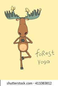 Vector hand drawn illustration. Elk doing yoga