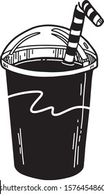 Vector hand drawn illustration of empty plastic cup with straw for smoothie, juice, soda. Flat cartoon style, isolated on white background. For print, menu, cafe, restaurant, market. 