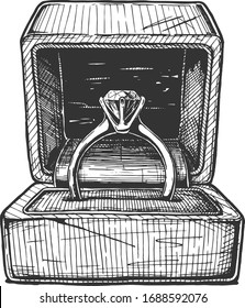 Vector hand drawn illustration of Engagement ring in the gift box in vintage engraved style. Isolated on white background.