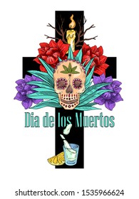 Vector hand drawn illustration in engraving style “Dia de los Muertos” with black cross, skull, roses, lime, glass with tequila and agave.