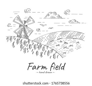 Vector hand drawn illustration in the engraving style of farm meadows with a mill.