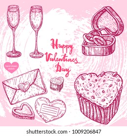 Vector hand drawn illustration of envelope, muffin,wedding box with ring, wineglasses,text Happy Valentines Day on background with paper texture.Valentines card,cookie, candy sketch.Linear vintage art