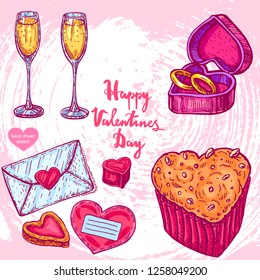Vector hand drawn illustration of envelope, muffin, wedding box with ring, wineglasses, text Happy Valentines Day on background with abstract paper texture.Valentines card,cookie, candy sketch.