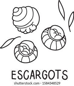 Vector hand drawn illustration of Escargots. French cuisine, flat and cartoon style, isolated on white background. For menu, restaurants, cafe, market, print design.