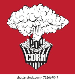 Vector hand drawn illustration of  explosion  with pop corn box. Creative artwork.  Template for card, poster,banner, print for t-shirt, textiles, label, pin, badge, logotype.