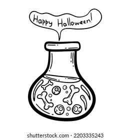 Vector hand drawn illustration. Eyeballs and bones in a flask with poison. Halloween decoration. Jar with venom. Glass bottle