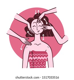 Dibujo manual de vectores de masaje facial e instrucciones de cuidado de la piel y técnicas en retrato de la joven hermosa dama. Para empaque, impresiones, publicidad en salón, crema de mano, hidratante facial.