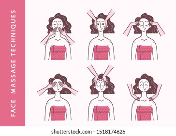 Vector hand drawn illustration of face massage and skin care instruction steps  with portrait of young beautiful fashion lady isolated on pink background. For packaging, prints, salon advertisement.