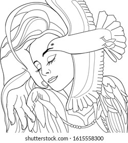 Vector hand drawn illustration the face of a girls from the birds and hands. Line art. Template for card, poster, banner, print for t-shirt, coloring book for adults.