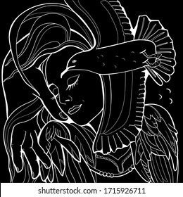 Vector hand drawn illustration the face of a girls from the bird and hand. Line art. Template for card, poster, banner, print. Black background.