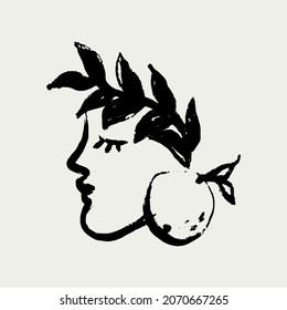 Ilustración dibujada a mano vectorial con elementos faciales y florales. Obra de arte creativa de estilo minimalista. Plantilla para tarjeta, afiche, banner, imprimir para camiseta, pin, insignia, parche.