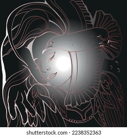 Vector hand drawn illustration the face of a girls from the birds and hands. Conceptual abstract painting . digital vector graphics.
