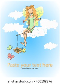 Vector hand drawn illustration. Fairy sitting on a cloud and catching butterflies
