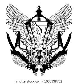 Vector hand drawn illustration of falcon and lantern with melting candle and wings. Surreal tattoo artwork  Template for card, poster, banner, print for t-shirt, placard. 