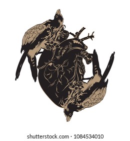 Vector hand drawn illustration of falcon and human heart isolated. Surreal tattoo artwork  Template for card, poster, banner, print for t-shirt, placard. 