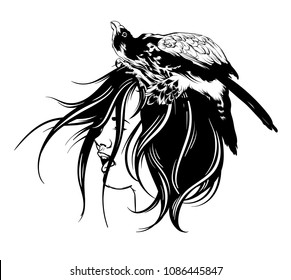 Vector hand drawn illustration of falcon isolated. Surreal tattoo artwork with portrait of screaming girl.   Template for card, poster, banner, print for t-shirt, placard. 