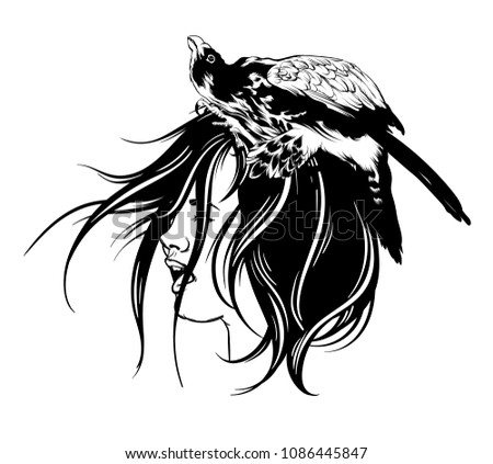 Vector hand drawn illustration of falcon isolated. Surreal tattoo artwork with portrait of screaming girl.   Template for card, poster, banner, print for t-shirt, placard. 