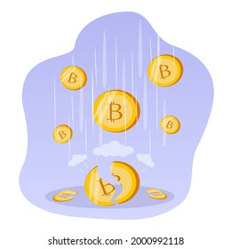 vector hand drawn illustration of falling bitcoin rate. bitcoin crash. coins fall and break. trend illustration in flat style