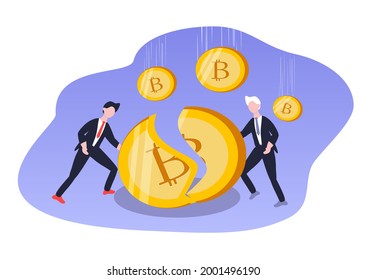 vector hand drawn illustration of falling bitcoin rate. bitcoin crash. coins fall and break. two men try to glue it. trend illustration in flat style