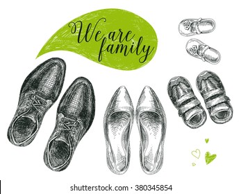 Vector hand drawn illustration with family shoes. Sketch.