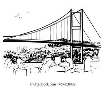 Vector hand drawn illustration with a famous landmark the Bosphorus Bridge in Istanbul, Turkey. Black ink sketch of turkish attraction and silhouettes of people eating in a cafe on white background.