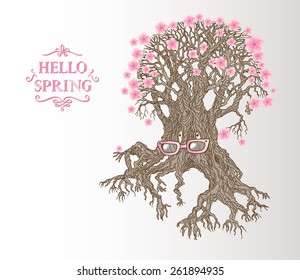 vector hand drawn illustration of fantasy old tree-grandmother in pink glasses with spring pink flowers