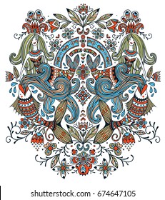 vector hand drawn illustration of fantasy blooms, fish and mermaids