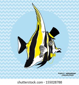 Vector Hand drawn Illustration of Fashion Fancy Reef Fish isolated on zigzag background