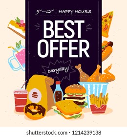 Vector hand drawn illustration for fast food cafe special offer advertising or banner design with pizza, donut, soda, burger, fries, sandwich, chicken, cheesecake etc. Chalkboard drawing, sketch style