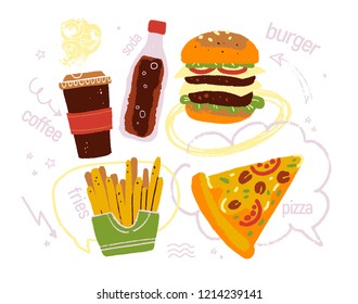 Vector hand drawn illustration of fast food pizza, double burger, coffee, soda, fries, doodle element text box, arrow, star isolated on white background. Sketch style. Menu, banner, chalkboard design.