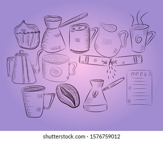Vector hand drawn illustration with fast food. Restaurant menu. Chalkboard. Sketch.