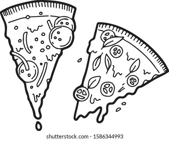 Vector hand drawn illustration of fast food. Two pieces of cheese pizza. Engraving style, isolated on white background. For menu, restaurants, cafe, bar, print design.